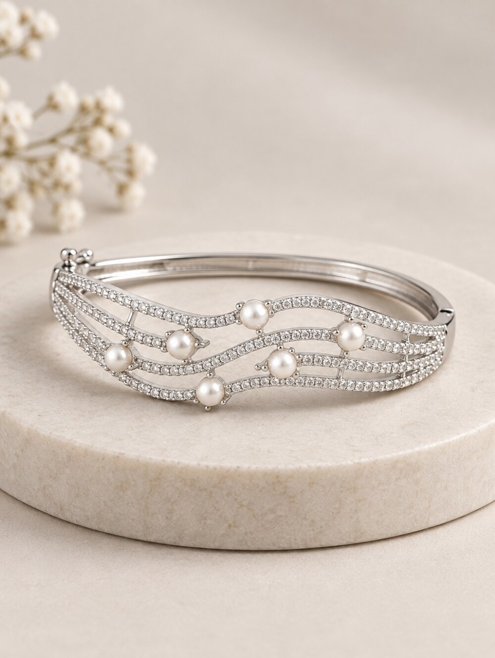 Silver American Diamond Adjustable Bracelet with Pearl Accents for Women